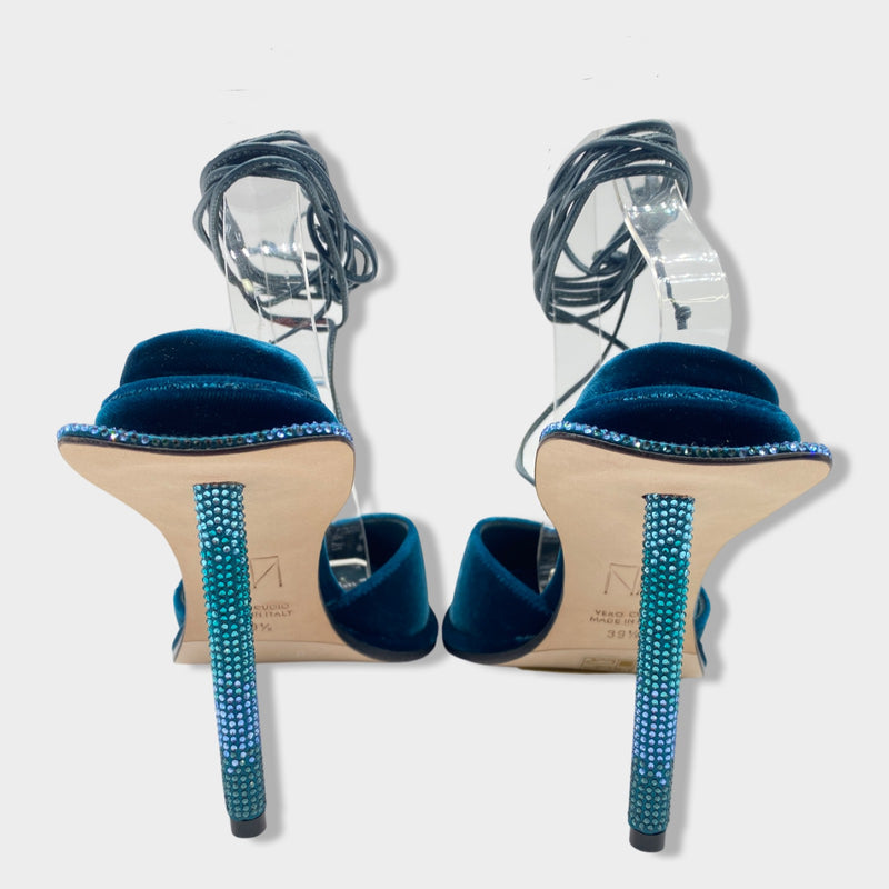 TAMARA MELLON blue and green velvet sandal heels with rhinestones