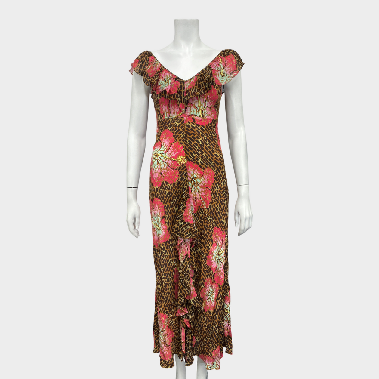 Rixo brown and fuchsia floral print silk dress Loop Generation Rixo brown and fuchsia floral print silk dress Loop Generation