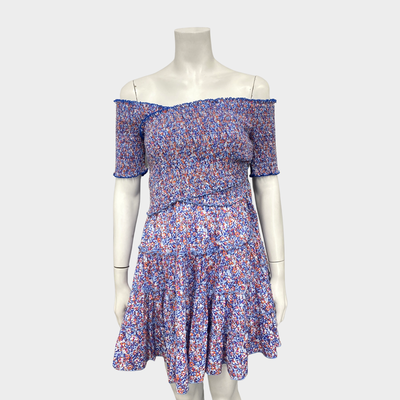 Poupette St. Barth blue and orange off-shoulder cotton mini dress