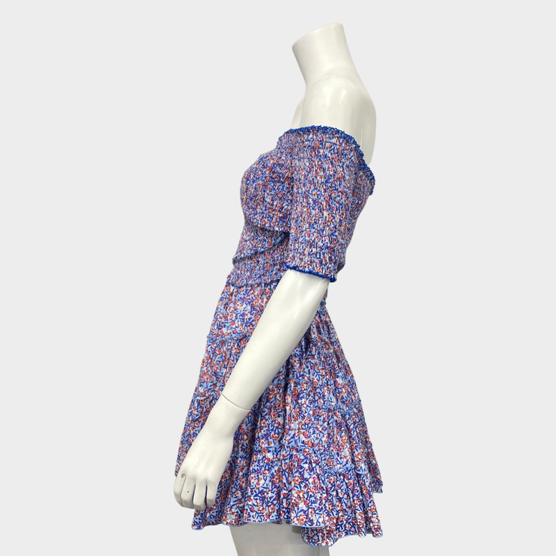 Poupette St. Barth blue and orange off-shoulder cotton mini dress