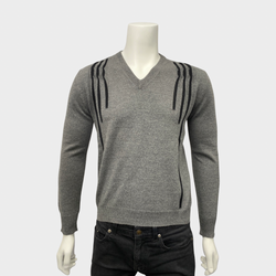 Dior Homme men's grey and black striped V-neck wool jumper