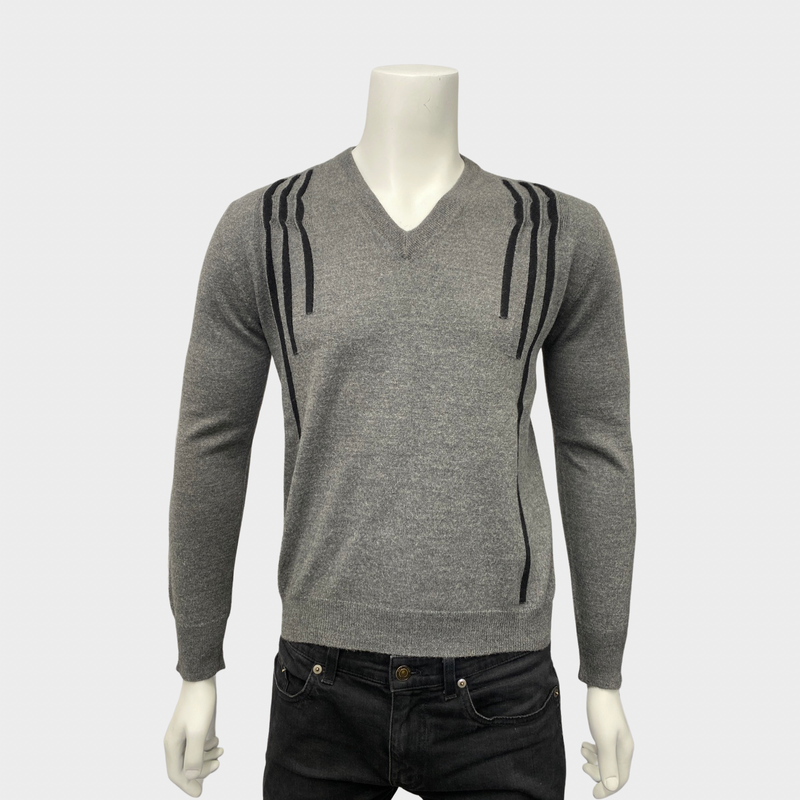 Dior Homme men's grey and black striped V-neck wool jumper