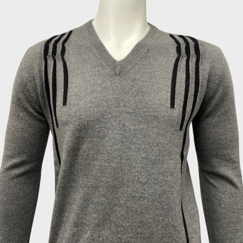 Dior Homme men's grey and black striped V-neck wool jumper