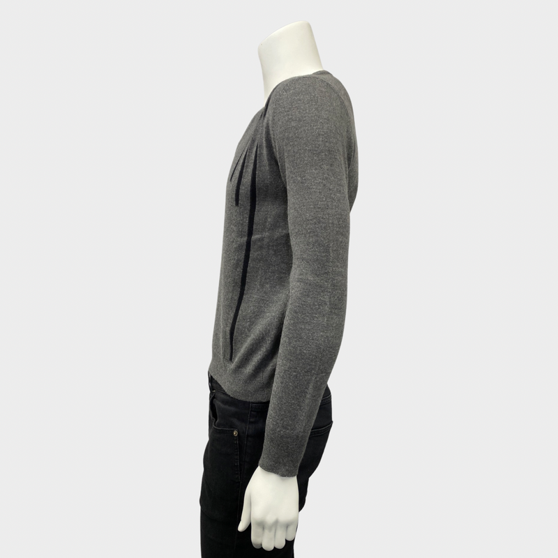 Dior Homme men's grey and black striped V-neck wool jumper