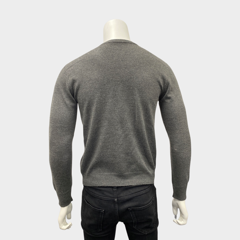 Dior Homme men's grey and black striped V-neck wool jumper