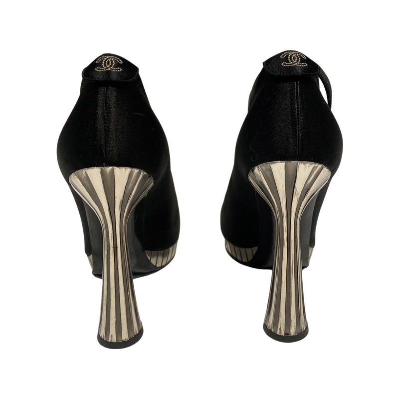 second-hand CHANEL black and silver satin platform heels | Size 38.5