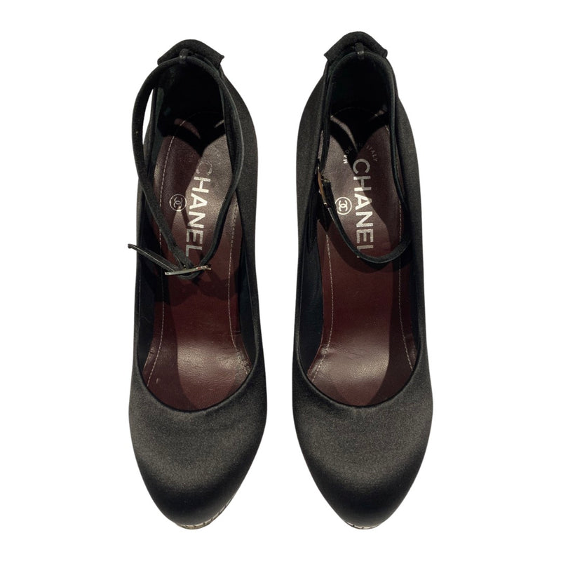 CHANEL black and silver satin platform heels