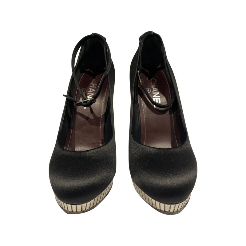 CHANEL black and silver satin platform heels