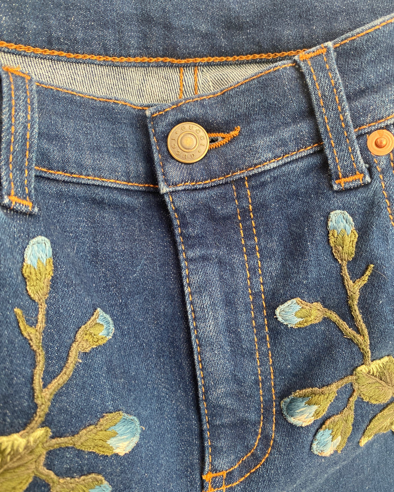 GUCCI floral embroidery navy jeans