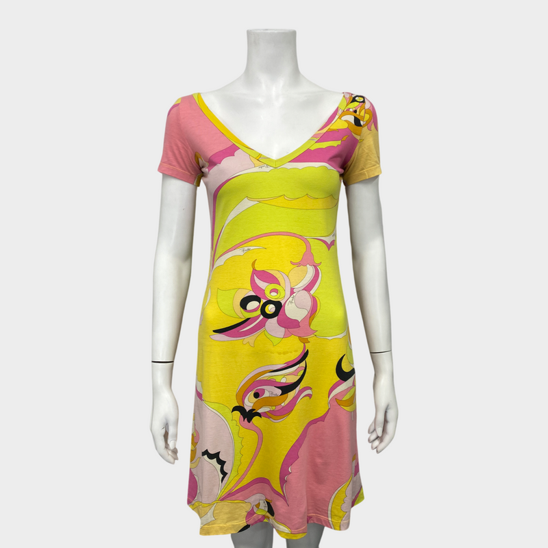 Emilio Pucci fuchsia and lemon green floral print cotton mini dress
