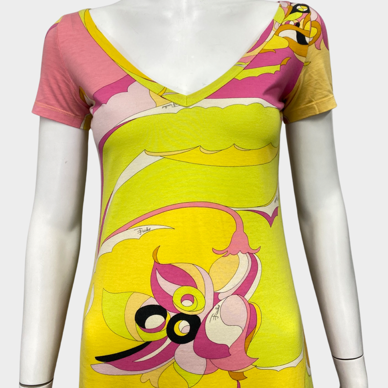 Emilio Pucci fuchsia and lemon green floral print cotton mini dress