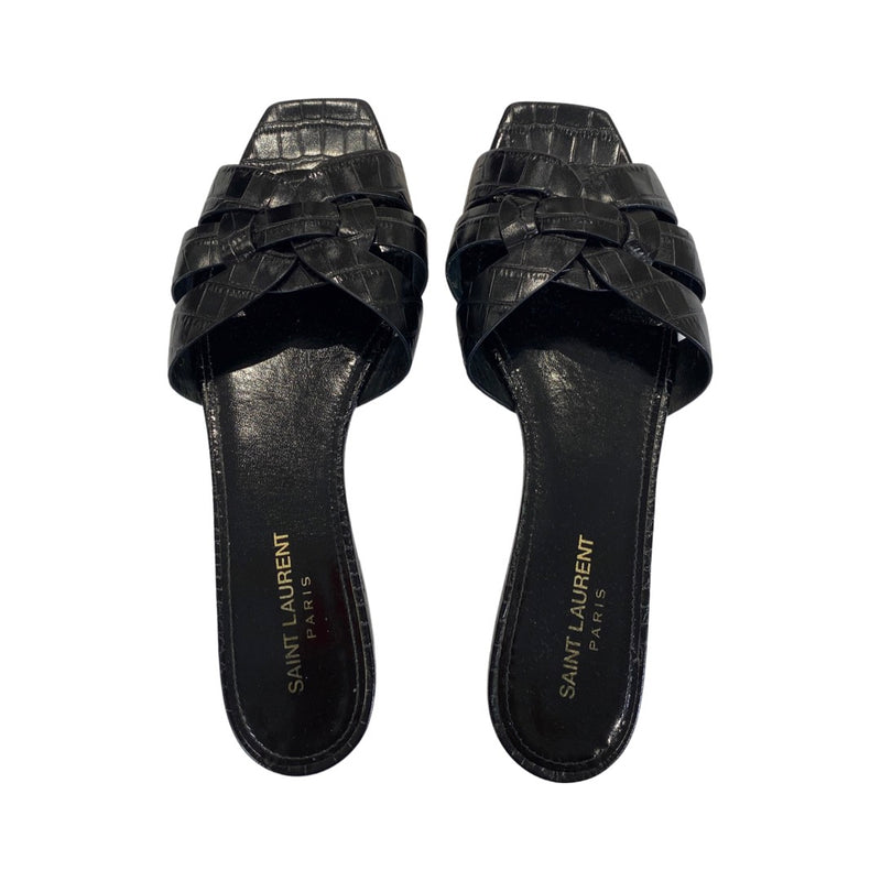 pre-loveed  Saint Laurent TRIBUTE black glitter leather FLAT MULES | Size 39.5