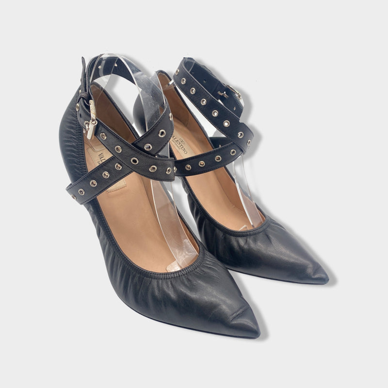 VALENTINO black leather pumps with ankle belt