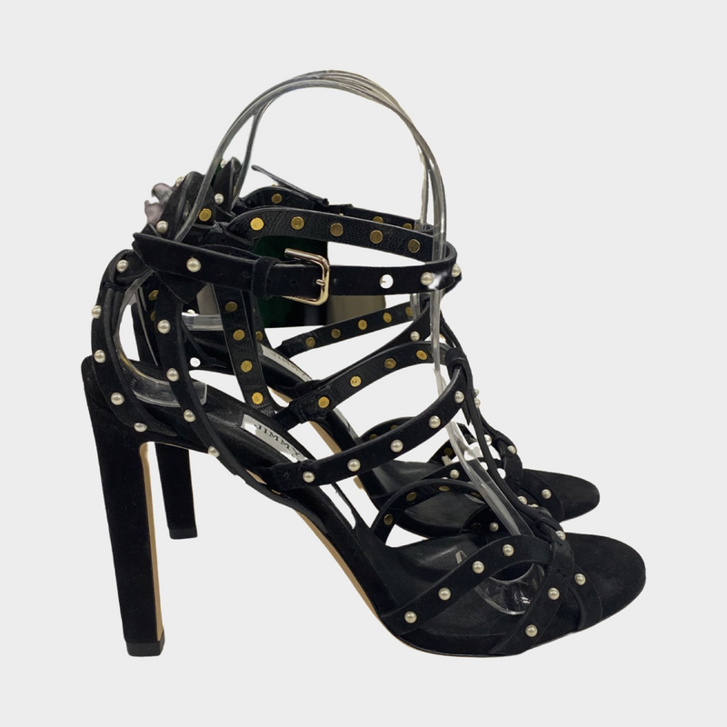 Jimmy Choo Black Suede Sandal Heels With Pearl Details