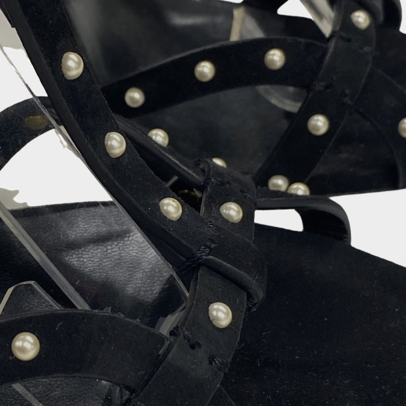 Jimmy Choo Black Suede Sandal Heels With Pearl Details