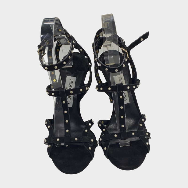 Jimmy Choo Black Suede Sandal Heels With Pearl Details