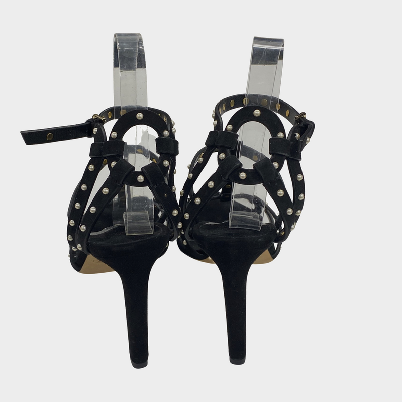 Jimmy Choo Black Suede Sandal Heels With Pearl Details