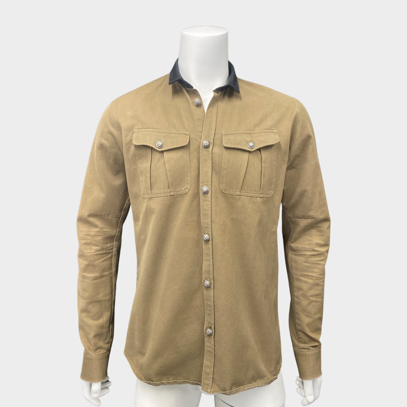 Balmain men’s khaki cotton shirt with silver buttons