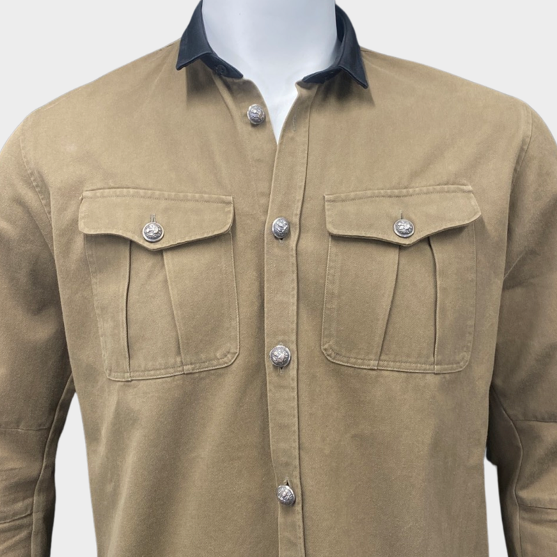 Balmain men’s khaki cotton shirt with silver buttons