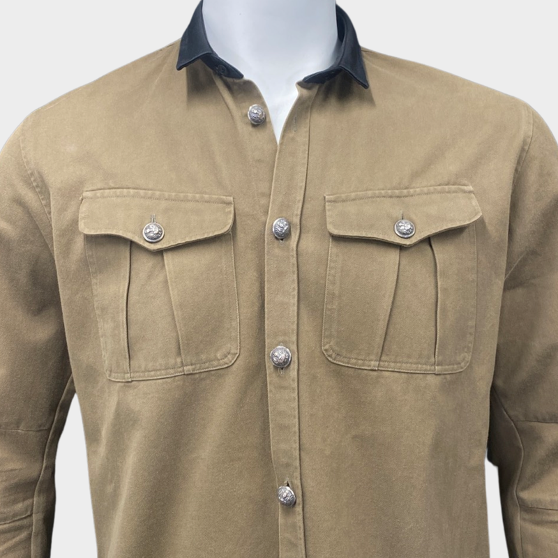 Balmain men’s khaki cotton shirt with silver buttons