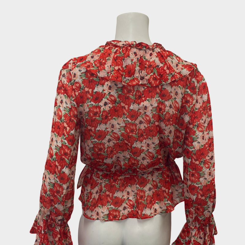 Rixo Red Floral Silk Ruffle Wrap Top