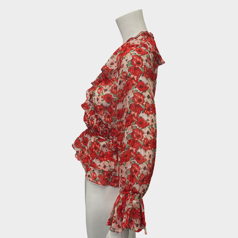 Rixo Red Floral Silk Ruffle Wrap Top