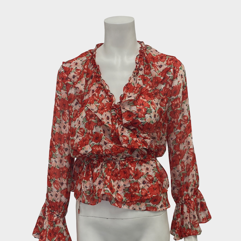Rixo Red Floral Silk Ruffle Wrap Top