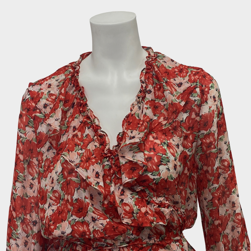 Rixo Red Floral Silk Ruffle Wrap Top