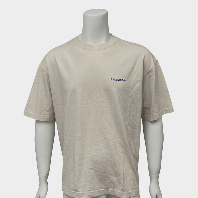 Balenciaga Men's Ecru Cotton T-Shirt With Logo Details