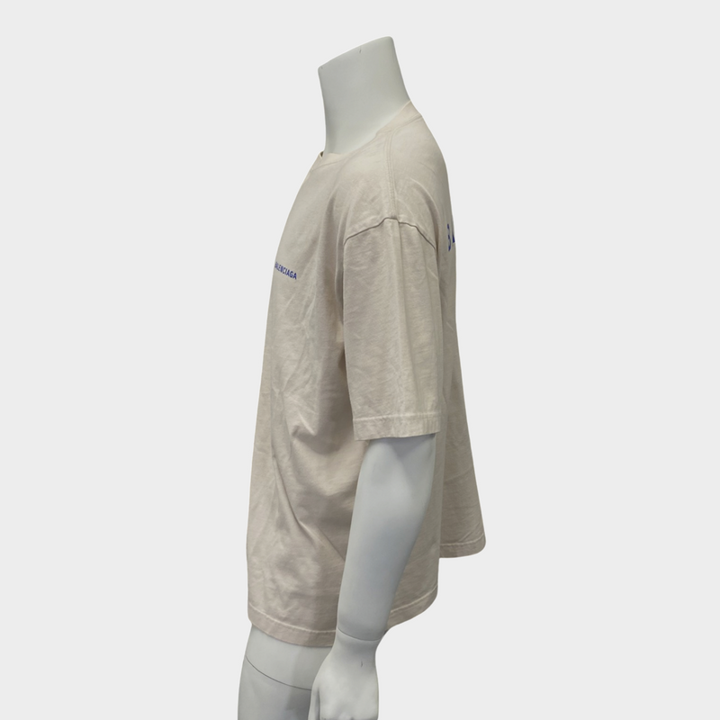 Balenciaga Men's Ecru Cotton T-Shirt With Logo Details