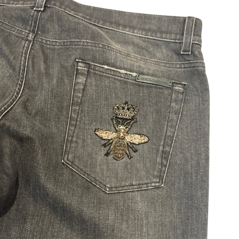 DOLCE&GABBANA grey Bee embroidered ripped jeans