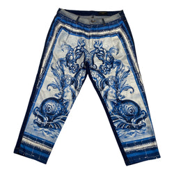 pre-owned DOLCE&GABBANA navy sicilian print denim and silk jeans | Size IT50