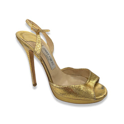 pre-owned JIMMY CHOO gold leather sandal heels | Size 38.5