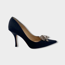 pre-owned JIMMY CHOO black satin pumps with rhinestones and pearls | Size EU37.5 UK4.5
