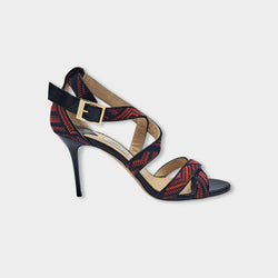 pre-owned JIMMY CHOO red black and blue strap heels