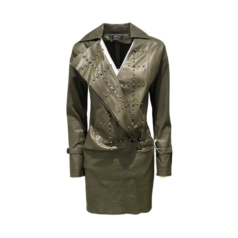 pre-owned JITROIS khaki studded leather dress | Size FR36