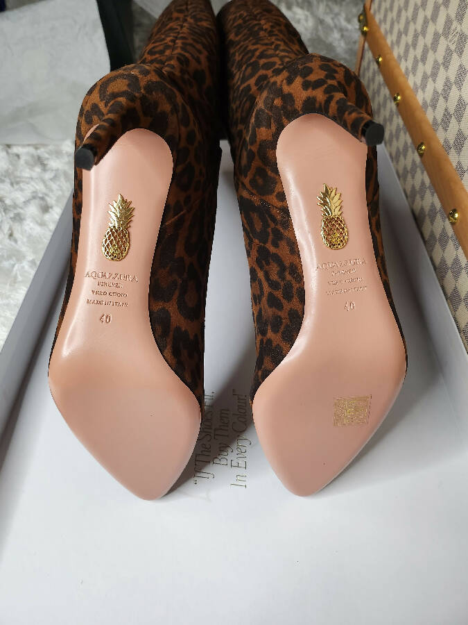 Aquazzura brown jaguar print suede gainsborough heeled boots