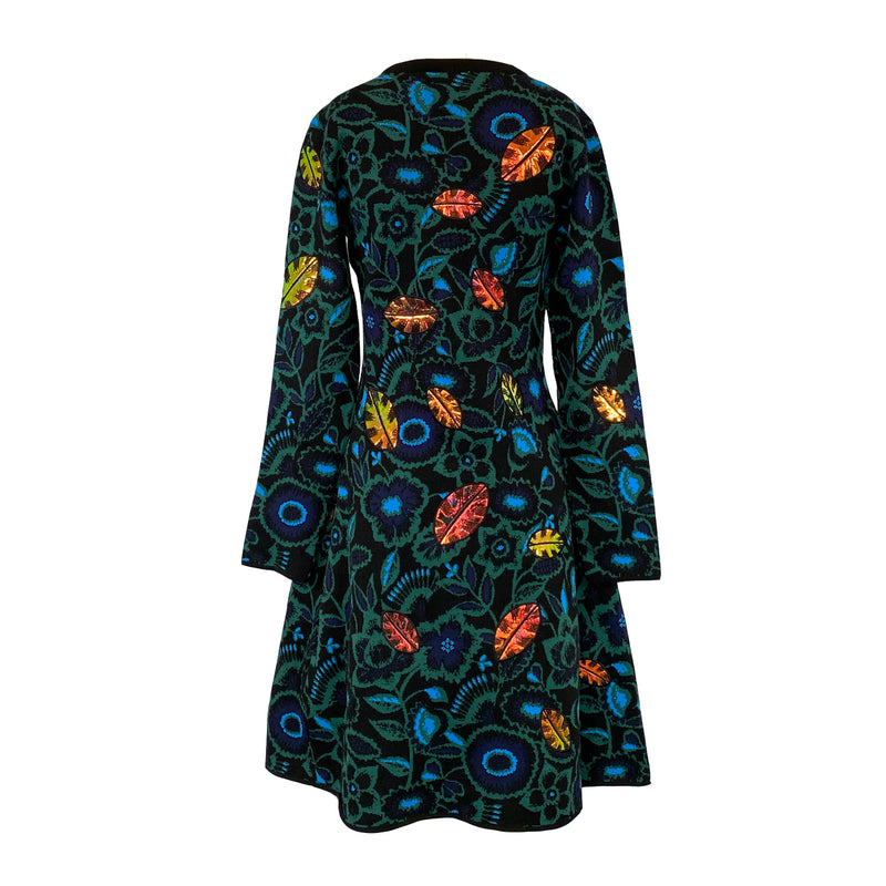 KENZO navy, green and blue flower print jacquard dress with gold leaves appliqué