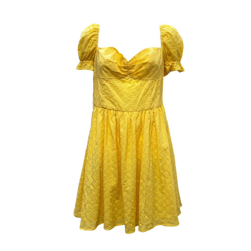 pre-owned LA SEMAINE yellow cotton crochet mini dress | Size UK14