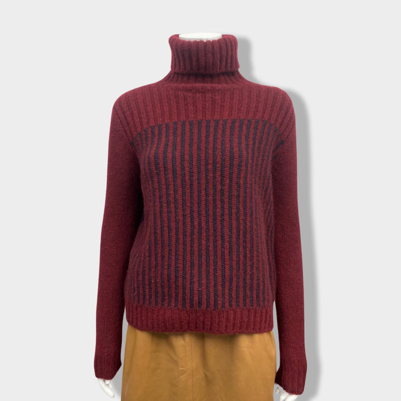 pre-owned LORO PIANA navy and burgundy striped cashmere turtleneck | Size IT42