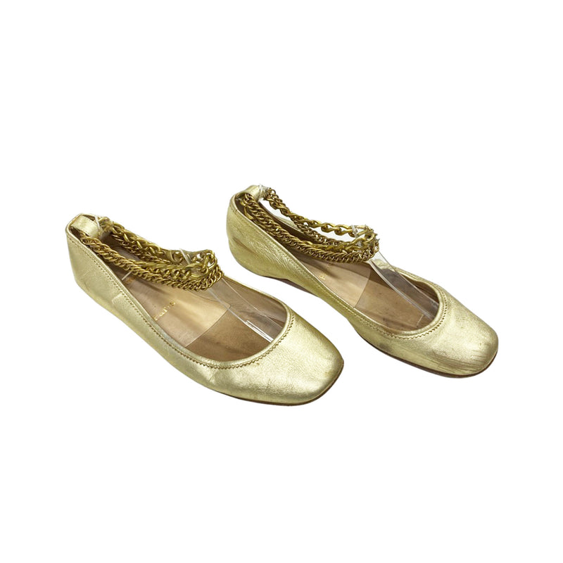 second-hand CHRISTIAN LOUBOUTIN gold leather ankle chain ballet flats | Size 40