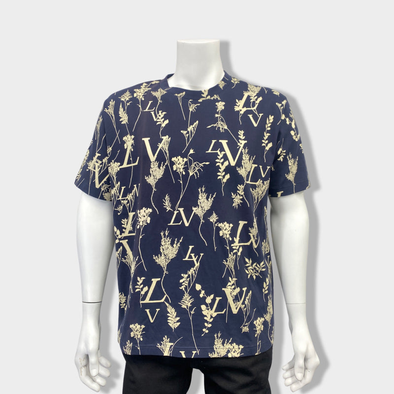 pre-owned LOUIS VUITTON navy and ecru cotton leaf print T-shirt | SIze XXL