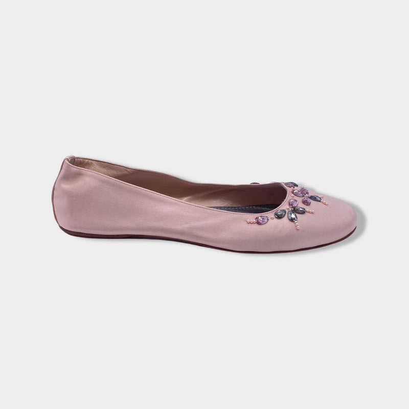 pre-owned LOUIS VUITTON baby pink satin ballet flats with crystals | Size EU39.5 UK6.5