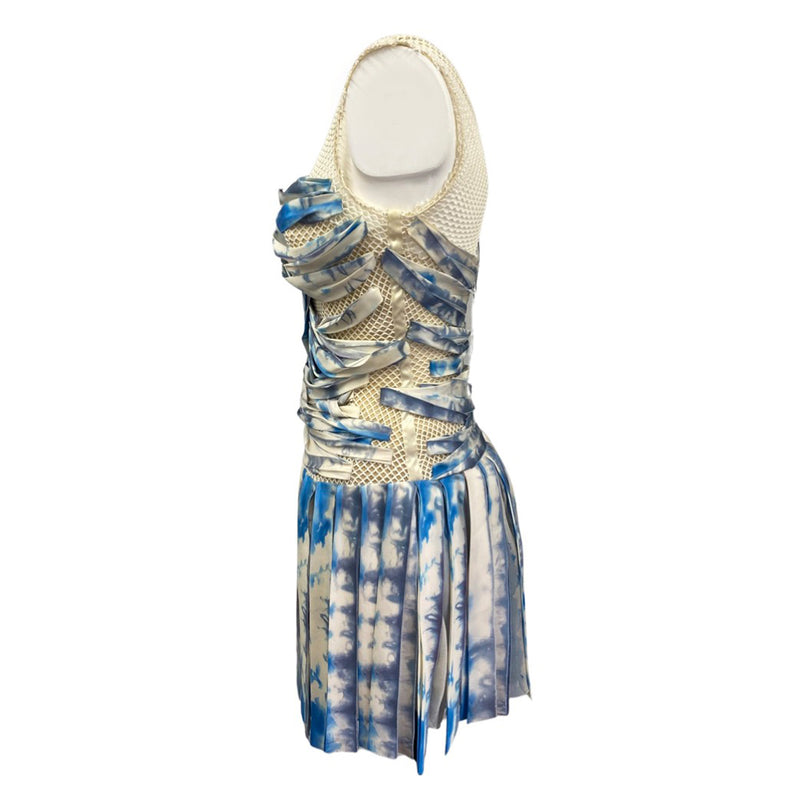 second-hand LOUIS VUiTTON ecru and blue mesh pleated dress | Size FR36
