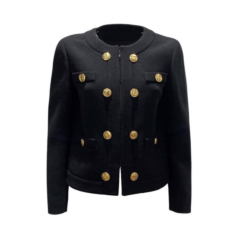 pre-owned MOSCHINO black woolen jacket with gold buttons | Size IT42
