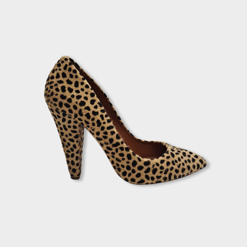 pre-owned MULBERRY beige and black animal print pony skin heels