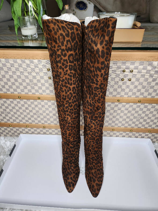 Aquazzura brown jaguar print suede gainsborough heeled boots
