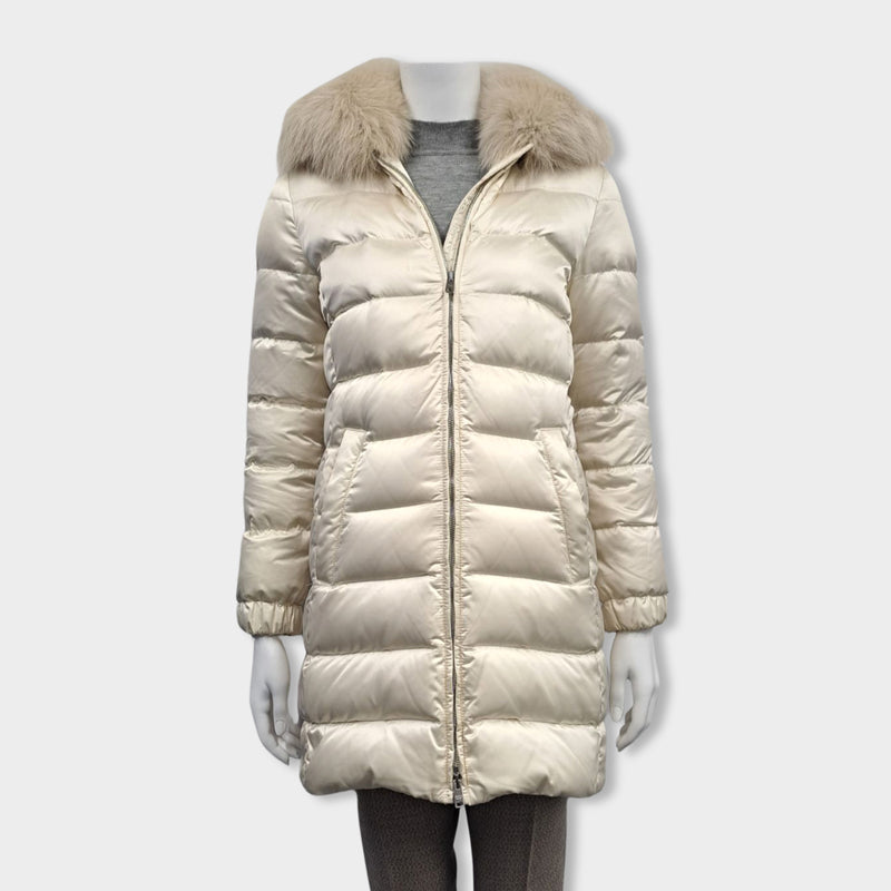 pre-owned PRADA ecru down feather puffer jacket with fur collar
