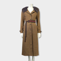pre-owned Prada brown plaid wool with fur collar and embellished belt