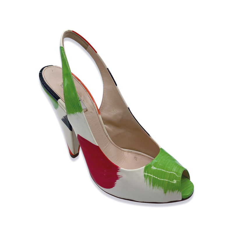 pre-loved PRADA multicolour patent leather open toe sling-back heels